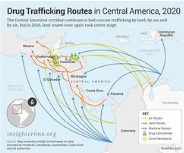 Map of drug routes in Central America, 2020.